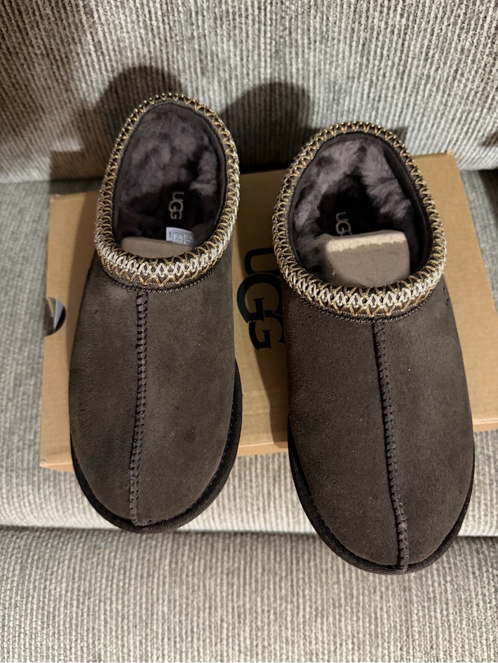 UGG Men’s Dark Brown Suede Slip-On Loafers with Shearling Collar